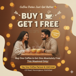 create a bold, trendy, instagram worthy promotional post for urban brew café located at cg road, navrangpura, ahmedabad. main headline (big, bold, eye catching) “buy 1 ☕ get 1 free” add playful su