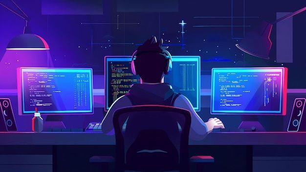 a young programmer is sitting in a dark room surrounded by multiple computer